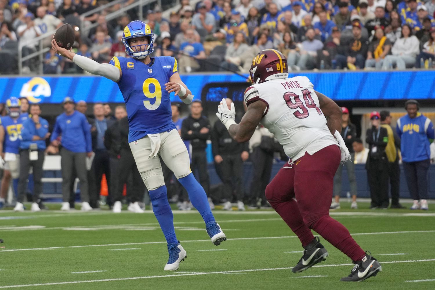 Commanders' DT Daron Payne pressures passer Matthew Stafford